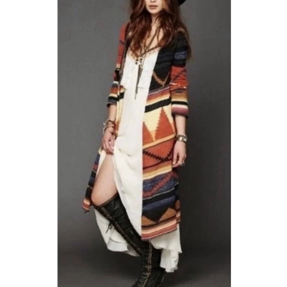Free People Aztec Lima Duster Cardigan L Hooded Southwestern Boho Festival Wool